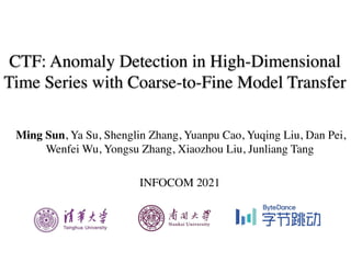 CTF: Anomaly Detection in High-Dimensional
Time Series with Coarse-to-Fine Model Transfer
Ming Sun, Ya Su, Shenglin Zhang, Yuanpu Cao, Yuqing Liu, Dan Pei,
Wenfei Wu, Yongsu Zhang, Xiaozhou Liu, Junliang Tang
INFOCOM 2021
 