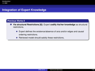 Introduction
Integration of Expert Knowledge
Previous Works II
Via structural Restrictions [6]: Expert codify his/her knowledge as structural
restrictions.
Expert deﬁnes the existence/absence of arcs and/or edges and causal
ordering restrictions.
Retrieved model should satisfy these restrictions.
IPMU 2010 Dortmund (Germany) 7/32
 