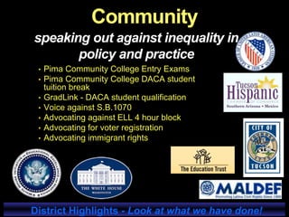 speaking out against inequality in
policy and practice
• Pima Community College Entry Exams
• Pima Community College DACA student
tuition break
• GradLink - DACA student qualification
• Voice against S.B.1070
• Advocating against ELL 4 hour block
• Advocating for voter registration
• Advocating immigrant rights
District Highlights - Look at what we have done!
Community
 