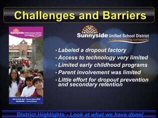 • Labeled a dropout factory
• Access to technology very limited
• Limited early childhood programs
• Parent involvement was limited
• Little effort for dropout prevention
and secondary retention
Challenges and Barriers
District Highlights - Look at what we have done!
 