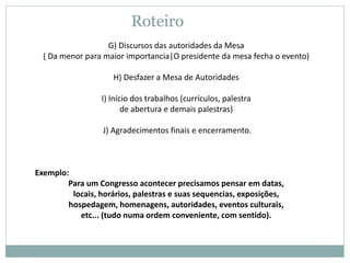 Roteiro
G) Discursos das autoridades da Mesa
( Da menor para maior importancia|O presidente da mesa fecha o evento)
H) Desfazer a Mesa de Autoridades
I) Início dos trabalhos (currículos, palestra
de abertura e demais palestras)
J) Agradecimentos finais e encerramento.
Exemplo:
Para um Congresso acontecer precisamos pensar em datas,
locais, horários, palestras e suas sequencias, exposições,
hospedagem, homenagens, autoridades, eventos culturais,
etc... (tudo numa ordem conveniente, com sentido).
 