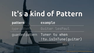 #JFall #PatternMatching @hannotify @PeterWessels
It's a kind of Pattern
It's a kind of Pattern
It's a kind of Pattern
It's a kind of Pattern
It's a kind of Pattern
pattern example
guarded pattern Tuner tu when
!tu.isInTune(guitar)
type pattern Guitar lesPaul
https://thumbs.gfycat.com/DefiantElasticGadwall.webp
 