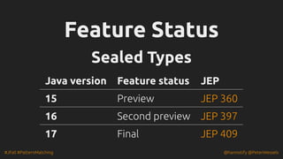 #JFall #PatternMatching @hannotify @PeterWessels
Feature Status
Feature Status
Sealed Types
Sealed Types
Java version Feature status JEP
15 Preview
16 Second preview
17 Final
JEP 360
JEP 397
JEP 409
 