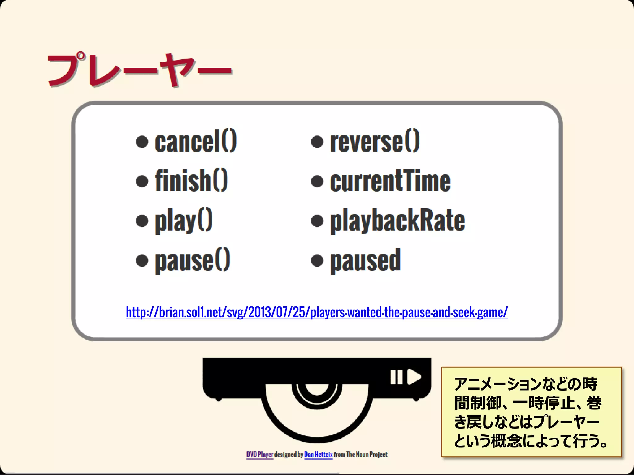 http://brian.sol1.net/svg/2013/07/25/players-wanted-the-pause-and-seek-game/

アニメーションなどの時
間制御、一時停止、巻
き戻しなどはプレーヤー
という概念によって行う。

 