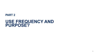 PART 2
USE FREQUENCY AND
PURPOSE?
12
 