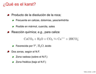 ¿Qué es el karst?
Producto de la disolución de la roca;
Frecuente en calizas, dolomías, yeso/anhidrita
Posible en mármol, ...