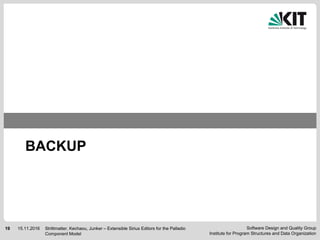 Software Design and Quality Group
Institute for Program Structures and Data Organization
19 15.11.2016
BACKUP
Strittmatter, Kechaou, Junker – Extensible Sirius Editors for the Palladio
Component Model
 