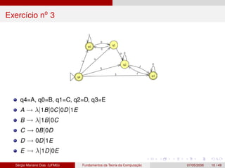Exercício no
3
q4=A, q0=B, q1=C, q2=D, q3=E
A → λ|1B|0C|0D|1E
B → λ|1B|0C
C → 0B|0D
D → 0D|1E
E → λ|1D|0E
Sérgio Mariano D...