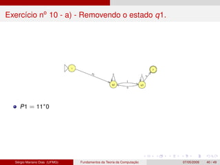 Exercício no
10 - a) - Removendo o estado q1.
P1 = 11∗0
Sérgio Mariano Dias (UFMG) Fundamentos da Teoria da Computação 07/...