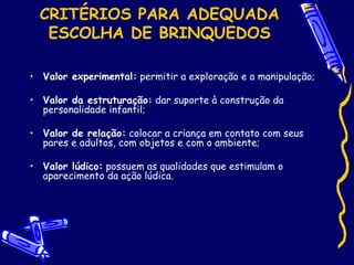 CRITÉRIOS PARA ADEQUADA
ESCOLHA DE BRINQUEDOS
• Valor experimental: permitir a exploração e a manipulação;
• Valor da estruturação: dar suporte à construção da
personalidade infantil;
• Valor de relação: colocar a criança em contato com seus
pares e adultos, com objetos e com o ambiente;
• Valor lúdico: possuem as qualidades que estimulam o
aparecimento da ação lúdica.
 