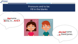 Pronouns and to be:
Fill in the blanks
________ name ___
Anna. A-...-...-...
___ _____ name
____ David Jones.
Her
is N N A
is
His full
 