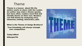 Theme
Theme is a lesson about life the
author wants to share with the reader.
An author may state a theme openly,
but more often, readers must find and
identify theme on their own. Readers
can find theme by analyzing story
elements; setting, characters, plot.
What is the Theme of Amigo Brothers?
True friendship will always triumph
over competition.
Today'sMeet
Gillespie7th
 