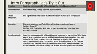 Intro Paragraph-Let's Try It Out...
Question Have you ever wondered if a friendship can be ruined by competition?
Intro Statement In the short story, “Amigo Bothers” by Piri Thomas,
Thesis
Statement
One significant theme is that true friendship can triumph over competition.
Exposition Characters- Antonio and Felix- lifelong friends and dedicated boxers
Setting= Bronx, NY
Conflict- Both Characters work hard to train, and now they must face one
another in the ring.
Intro Paragraph- Have you ever wondered if a friendship could be ruined by competition? Well that's
exactly what characters Antonio and Felix experienced. Both boys had lived and
trained in the Bronx for years, but now they were faced with their biggest
match...against each other! In the short story, "Amigo Brothers" by Piri Thomas,
one significant theme is that true friendship can triumph over competition. The
author develops this theme through the actions and dialogue of the characters.
 