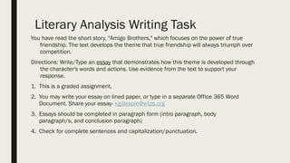 Literary Analysis Writing Task
You have read the short story, "Amigo Brothers," which focuses on the power of true
friendship. The text develops the theme that true friendship will always triumph over
competition.
Directions: Write/Type an essay that demonstrates how this theme is developed through
the character's words and actions. Use evidence from the text to support your
response.
1. This is a graded assignment.
2. You may write your essay on lined paper, or type in a separate Office 365 Word
Document. Share your essay- kgillespie@wtps.org
3. Essays should be completed in paragraph form (intro paragraph, body
paragraph/s, and conclusion paragraph)
4. Check for complete sentences and capitalization/punctuation.
 