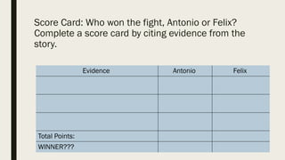 Score Card: Who won the fight, Antonio or Felix?
Complete a score card by citing evidence from the
story.
Evidence Antonio Felix
Total Points:
WINNER???
 