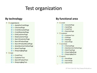 Test organization
By technology By functional area
© Think Code AB, http://www.thinkcode.se
 