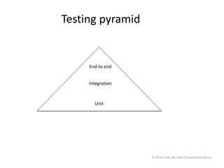 Testing pyramid
End to end
Integration
Unit
© Think Code AB, http://www.thinkcode.se
 