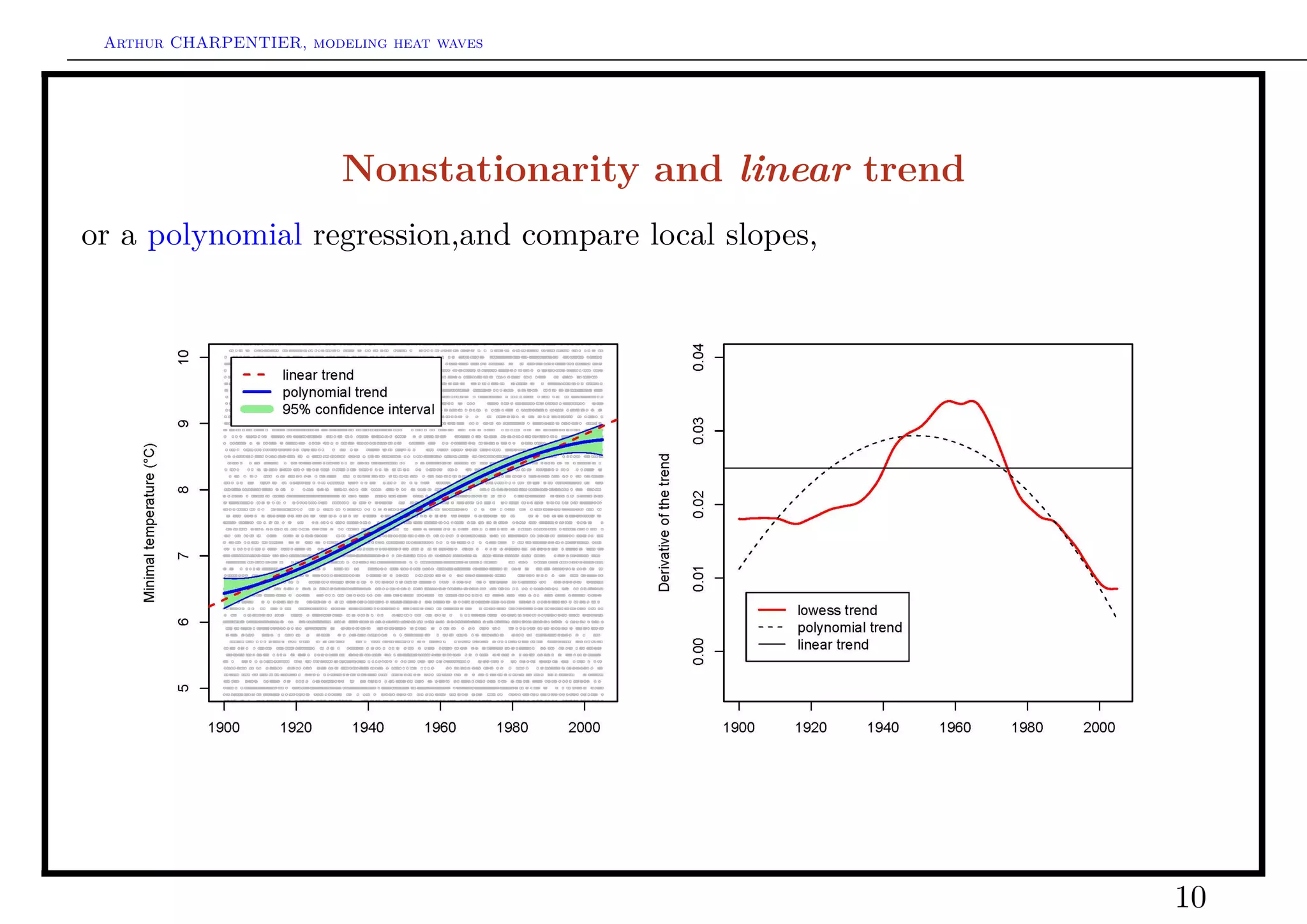Arthur CHARPENTIER, modeling heat waves




                         Nonstationarity and linear trend
or a polynomial regression,and compare local slopes,




                                                            10
 