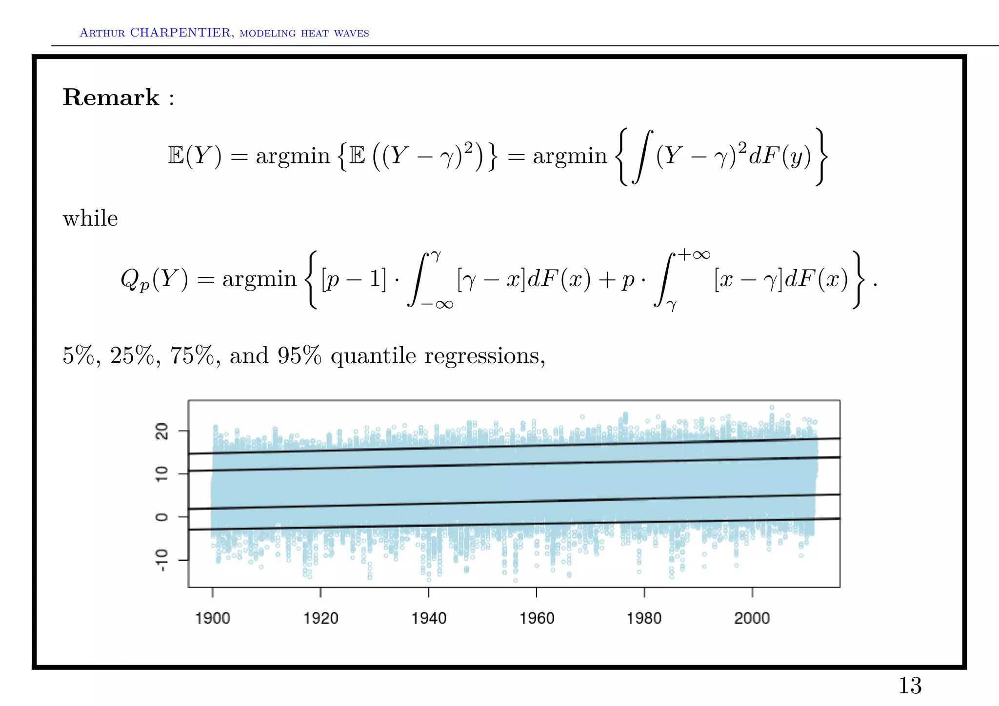 Arthur CHARPENTIER, modeling heat waves




Remark :

            E(Y ) = argmin E (Y − γ)2                = argmin         (Y − γ)2 dF (y)

while
                                           γ                               +∞
        Qp (Y ) = argmin [p − 1] ·              [γ − x]dF (x) + p ·             [x − γ]dF (x) .
                                           −∞                          γ


5%, 25%, 75%, and 95% quantile regressions,




                                                                                                  13
 