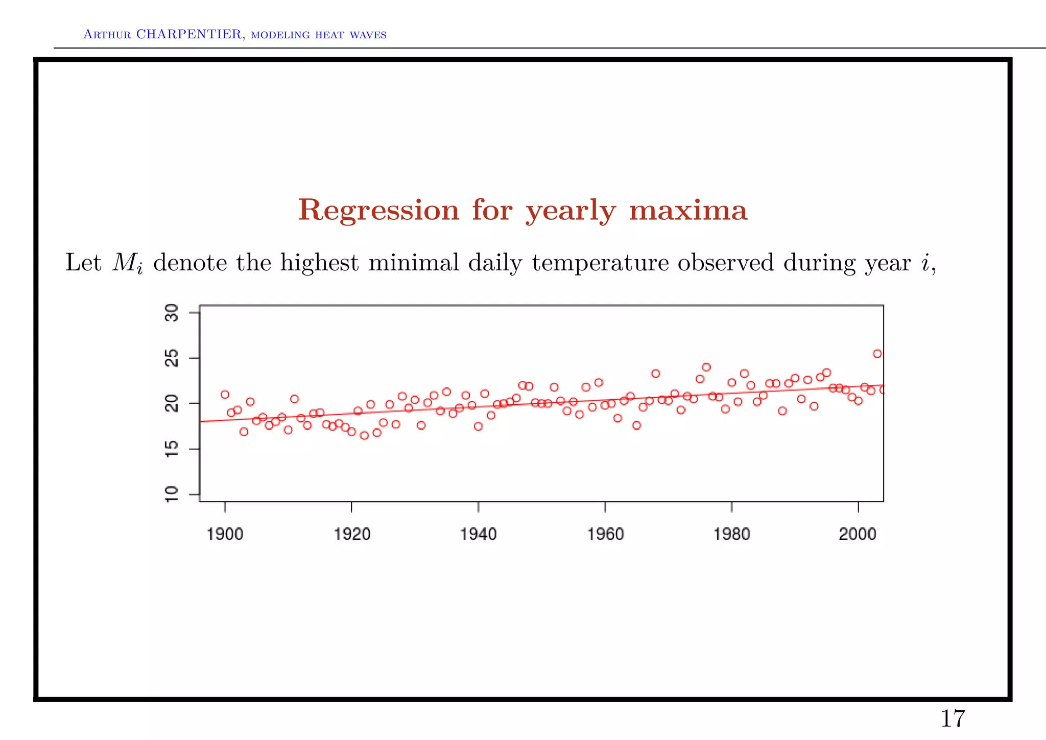 Arthur CHARPENTIER, modeling heat waves




                            Regression for yearly maxima
Let Mi denote the highest minimal daily temperature observed during year i,




                                                                              17
 