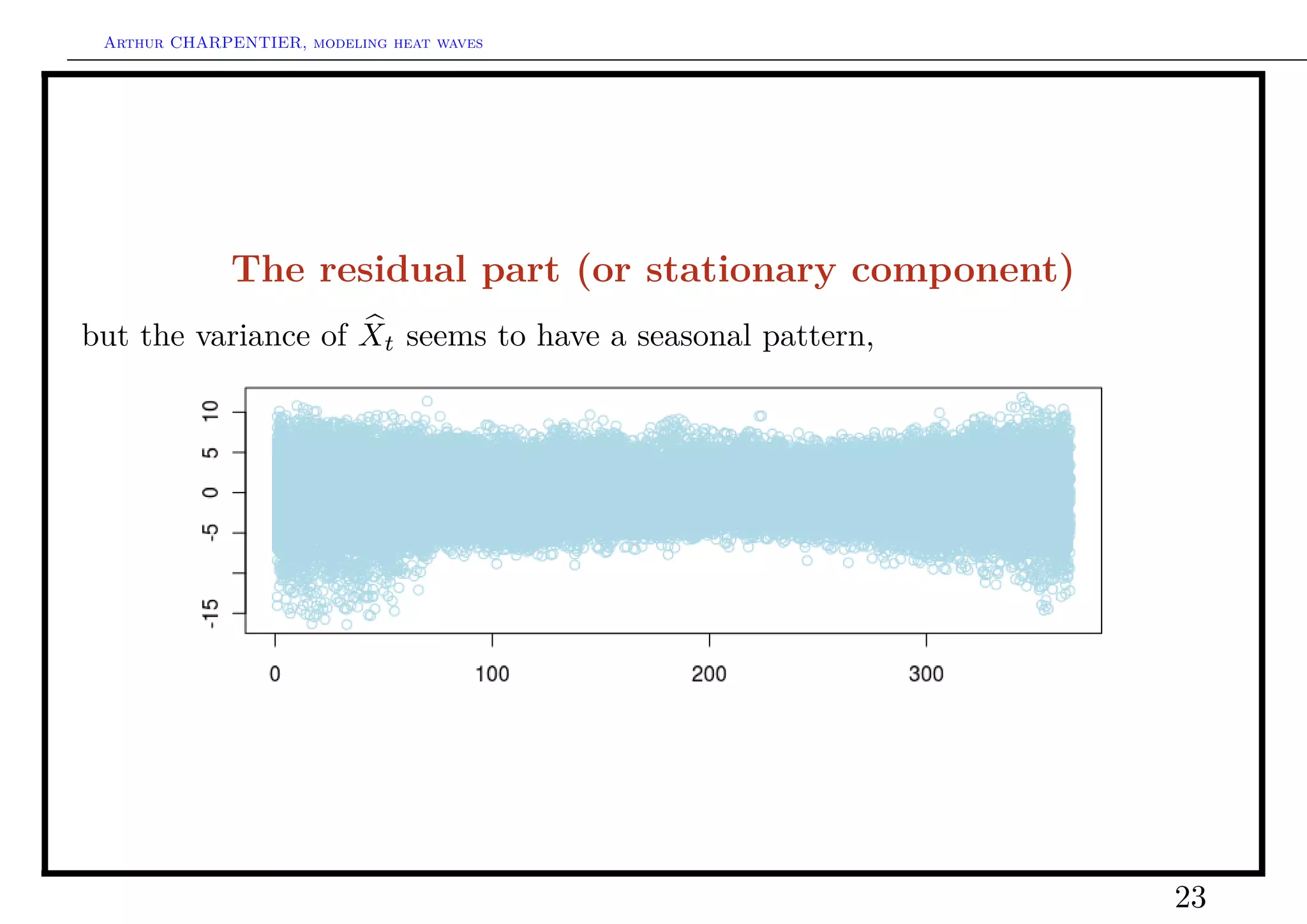 Arthur CHARPENTIER, modeling heat waves




              The residual part (or stationary component)
but the variance of Xt seems to have a seasonal pattern,




                                                            23
 
