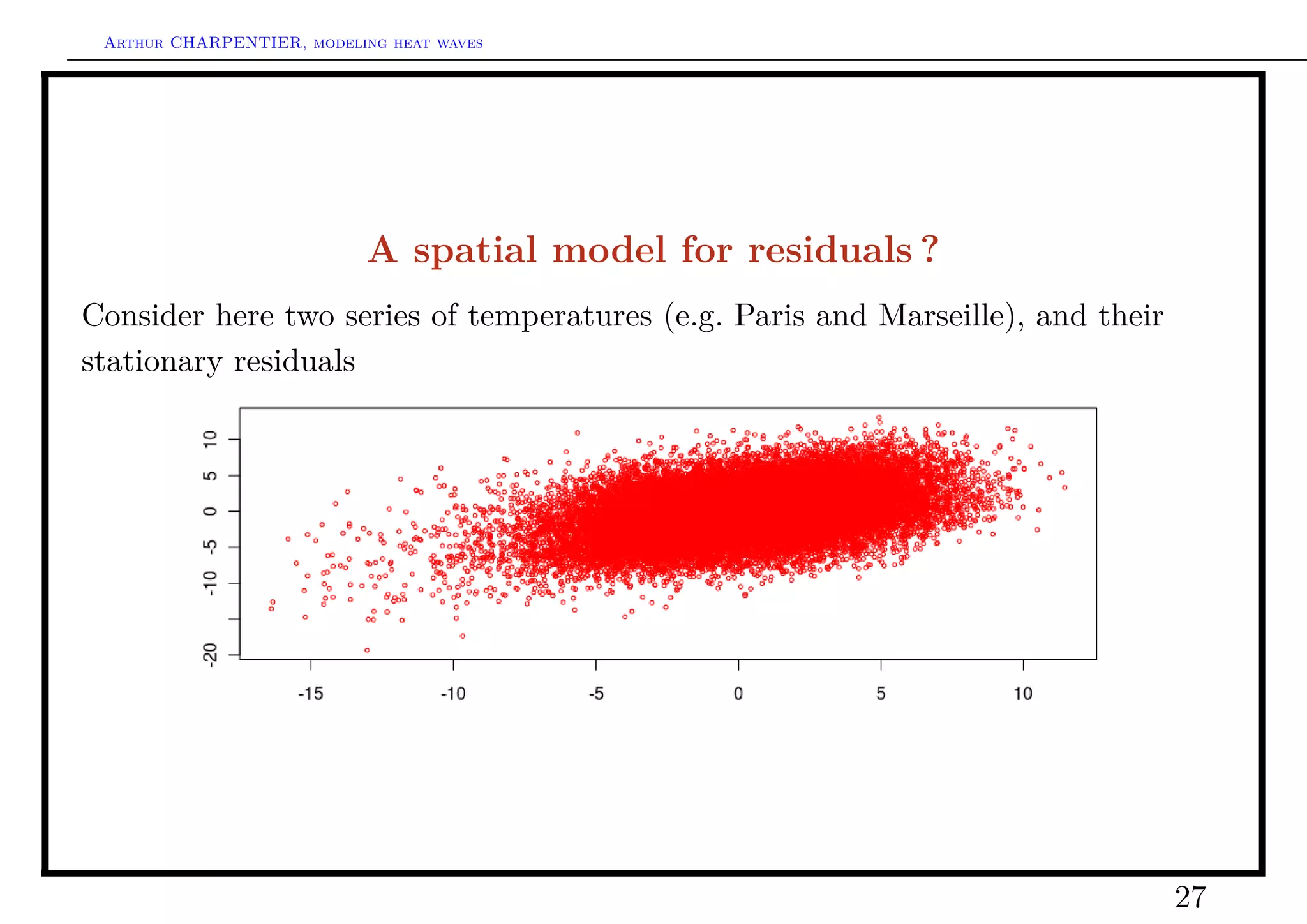 Arthur CHARPENTIER, modeling heat waves




                           A spatial model for residuals ?
Consider here two series of temperatures (e.g. Paris and Marseille), and their
stationary residuals




                                                                                 27
 