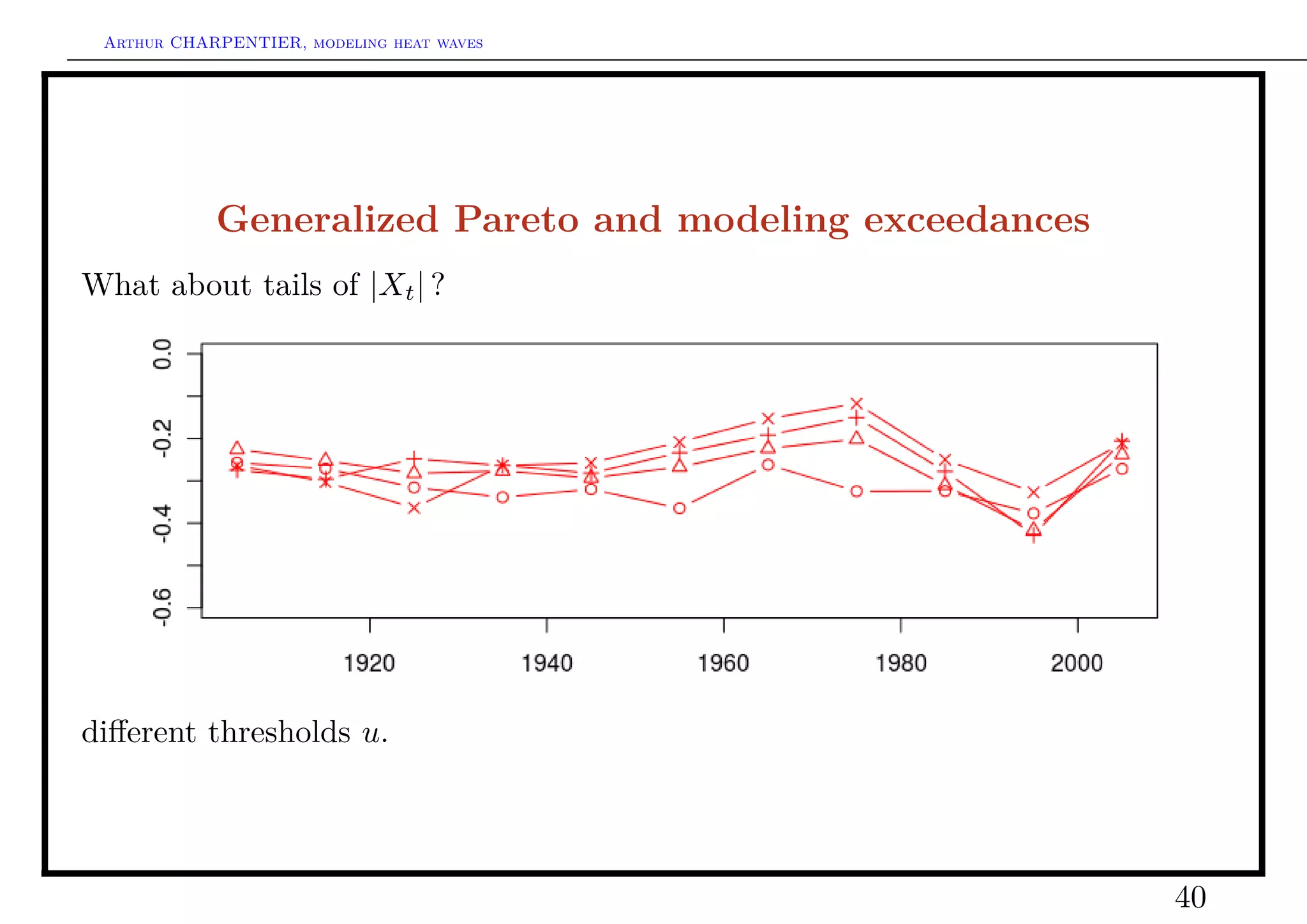 Arthur CHARPENTIER, modeling heat waves




            Generalized Pareto and modeling exceedances
What about tails of |Xt | ?




diﬀerent thresholds u.




                                                          40
 