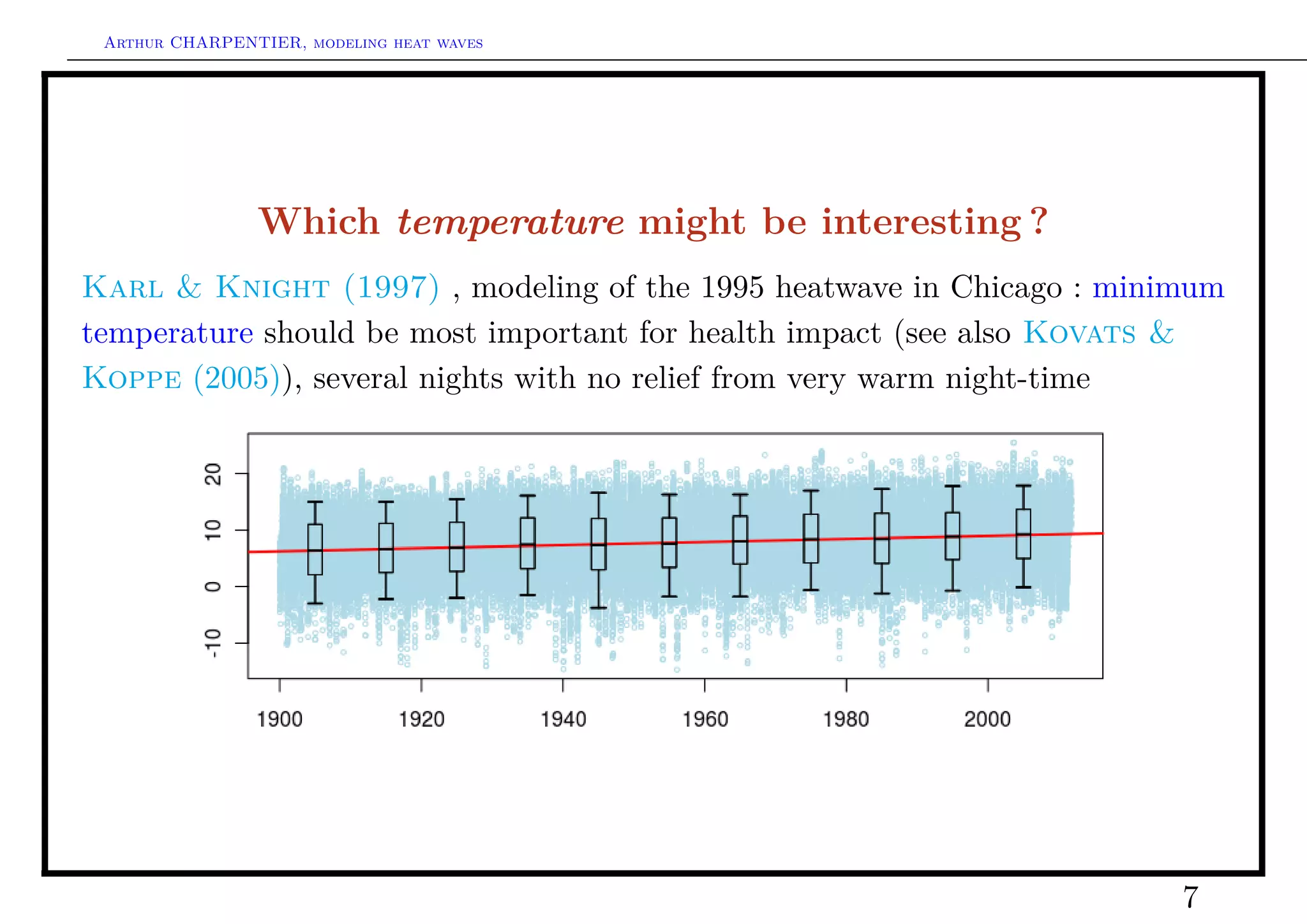 Arthur CHARPENTIER, modeling heat waves




                Which temperature might be interesting ?
Karl & Knight (1997) , modeling of the 1995 heatwave in Chicago : minimum
temperature should be most important for health impact (see also Kovats &
Koppe (2005)), several nights with no relief from very warm night-time




                                                                      7
 