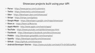 • Parse - https://www.parse.com/customers
• Twilio - https://www.twilio.com/showcase/
• Uber - https://developer.uber.com/showcase/
• Stripe - https://stripe.com/gallery
• Google Maps - https://developers.google.com/maps/showcase/
• Keen.io - https://keen.io/#stories
• Apple Watch - http://www.apple.com/watch/apps/
• YouTube - https://www.youtube.com/yt/dev/showcase.html
• Facebook - https://developers.facebook.com/docs/showcase
• Pebble - http://developer.getpebble.com/examples/
• Spotify - https://developer.spotify.com/showcase/
• Github - https://github.com/showcases
• Android Developer Stories - https://www.youtube.com/watch?v=0r36OJaeMo4
Showcase projects built using your API
 