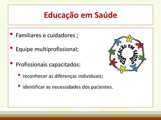 Educação em Saúde
• Familiares e cuidadores ;
• Equipe multiprofissional;
• Profissionais capacitados:
• reconhecer as diferenças individuais;
• identificar as necessidades dos pacientes.
 