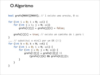 O Algoritmo

bool grafo[MAXV][MAXV]; // 1 existe uma aresta, 0 cc

for (int i = 0; i < N; ++i) {
    for (int j = i; j < N; ++j)
        grafo[i][j] = grafo[j][i] = false;

   grafo[i][i] = true; // existe um caminho de i para i
}
... // substitui o min() por um OR (||)
for (int k = 0; k < N; ++k) {
    for (int i = 0; i < N; ++i) {
        for (int j = 0; j < N; ++j) {
            grafo[i][j] = grafo[i][j] ||
                (grafo[i][k] && grafo[k][j]);
        }
    }
}
 