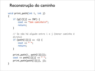 Reconstrução do caminho
void print_path(int i, int j)
{
    if (g[i][j] == INF) {
        cout << “Sem caminhon”;
        return;
    }

     // Se não há alguém entre i e j (menor caminho é
     direto)
     if (path[i][j] == -1) {
         cout << “ “;
         return;
     }

     print_path(i, path[i][j]);
     cout << path[i][j] << “ “;
     print_path(path[i][j], j);
}
 
