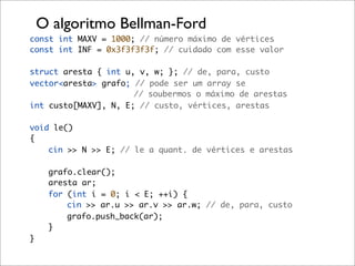 O algoritmo Bellman-Ford
const int MAXV = 1000; // número máximo de vértices
const int INF = 0x3f3f3f3f; // cuidado com esse valor

struct aresta { int u, v, w; }; // de, para, custo
vector<aresta> grafo; // pode ser um array se
                      // soubermos o máximo de arestas
int custo[MAXV], N, E; // custo, vértices, arestas

void le()
{
    cin >> N >> E; // le a quant. de vértices e arestas

     grafo.clear();
     aresta ar;
     for (int i = 0; i < E; ++i) {
         cin >> ar.u >> ar.v >> ar.w; // de, para, custo
         grafo.push_back(ar);
     }
}
 