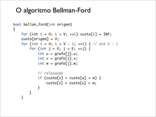 O algoritmo Bellman-Ford
bool bellan_ford(int origem)
{
    for (int i = 0; i < V; ++i) custo[i] = INF;
    custo[origem] = 0;
    for (int i = 0; i < V - 1; ++i) { // até V - 1
        for (int j = 0; j < E; ++j) {
            int u = grafo[j].u;
            int v = grafo[j].v;
            int w = grafo[j].w;

           // relaxação
           if (custo[v] > custo[u] + w) {
               custo[v] = custo[u] + w;
           }
       }
   }
 