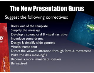 Break out of the template
Simplify the message
Develop a strong oral & visual narrative
Introduce some drama
Design & simplify slide content
Visuals trump text
Direct the viewers attention through form & movement
Make the data meaningful
Become a more immediate speaker
Be inspired
Break out of the template
Simplify the message
Develop a strong oral & visual narrative
Introduce some drama
Design & simplify slide content
Visuals trump text
Direct the viewers attention through form & movement
Make the data meaningful
Become a more immediate speaker
Be inspired
The New Presentation Gurus
Suggest the following correctives:
 
