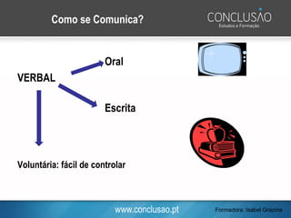 www.conclusao.pt
Como se Comunica?
Oral
VERBAL
Escrita
Voluntária: fácil de controlar
Formadora: Isabel Grazina
 