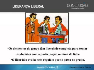 www.conclusao.pt
LIDERANÇA LIBERAL
•Os elementos do grupo têm liberdade completa para tomar
•as decisões com a participação mínima do líder.
•O líder não avalia nem regula o que se passa no grupo.
Formadora: Isabel Grazina
 
