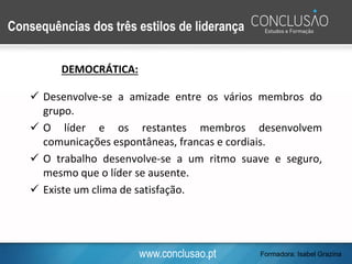 www.conclusao.pt
DEMOCRÁTICA:
✓ Desenvolve-se a amizade entre os vários membros do
grupo.
✓ O líder e os restantes membros desenvolvem
comunicações espontâneas, francas e cordiais.
✓ O trabalho desenvolve-se a um ritmo suave e seguro,
mesmo que o líder se ausente.
✓ Existe um clima de satisfação.
Consequências dos três estilos de liderança
Formadora: Isabel Grazina
 