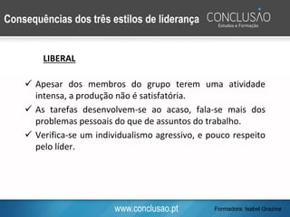 www.conclusao.pt
LIBERAL
✓ Apesar dos membros do grupo terem uma atividade
intensa, a produção não é satisfatória.
✓ As tarefas desenvolvem-se ao acaso, fala-se mais dos
problemas pessoais do que de assuntos do trabalho.
✓ Verifica-se um individualismo agressivo, e pouco respeito
pelo líder.
Consequências dos três estilos de liderança
Formadora: Isabel Grazina
 