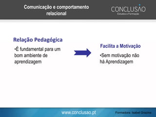 www.conclusao.pt
Relação Pedagógica
Comunicação e comportamento
relacional
•É fundamental para um
bom ambiente de
aprendizagem
Facilita a Motivação
•Sem motivação não
há Aprendizagem
Formadora: Isabel Grazina
 