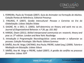 www.conclusao.pt
1. FERREIRA, Paulo da Trindade (2007). Guia do Animador na Formação de Adultos.
Coleção Pontos de Referência. Editorial Presença
2. FINURAS, P. (2007). Gestão Intercultural: Pessoas e Carreiras na Era da
Globalização. Lisboa: Edições Sílabo
3. GAGNÉ, M. e DECI, E. (2005). Self-determina on theory and work mo va on.
Journal of Organizational Behavior. n.º 26. pp. 331-362
4. HARGIE, Owen (2011). Skilled interpersonal communica on: research, theory and
prac ce. 5th edition. London and New York: Routledge
5. Introdução à Programação Neurolinguística: como entender e influenciar as
pessoas. Coleção Psicologia. São Paulo: Editora Summus
6. SIMÃO, Ana M. Veiga; CAETANO, Ana Paula; FREIRE, Isabel (org.) (2009). Tutoria e
Mediação em Educação. Lisboa: Educa
7. SIMÃO, Ana M. Veiga e FREIRE, Isabel (2007). A gestão do conflito no processo
formativo. Lisboa: IEFP
Formadora: Isabel Grazina
 