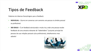 Podemos ter diversos focos/origens para o feedback:
• INDIVIDUAL – Ocorre em conversas com somente uma pessoa no âmbito pessoal
ou profissional.
• 360 GRAUS – É um feedback estruturado e muito rico, onde uma pessoa recebe
feedbacks de uma amostra relevante de “stakeholders” (conjunto principal de
pessoas de suas relações pessoais e/ou profissionais), detalharemos mais
adiante!
Tipos de Feedback
 