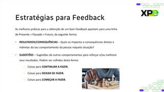 As melhores práticas para a obtenção de um bom Feedback apontam para uma linha
de Presente > Passado > Futuro, da seguinte forma:
• RESULTADOS/CONSEQUÊNCIAS – Quais os impactos e consequências diretas e
indiretas do seu comportamento da pessoa naquela situação?
• SUGESTÕES – Sugestões de outros comportamentos para reforçar e/ou melhorar
seus resultados. Podem ser colhidas desta forma:
– Coisas para CONTINUAR A FAZER.
– Coisas para DEIXAR DE FAZER.
– Coisas para COMEÇAR A FAZER.
Estratégias para Feedback
 