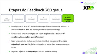 Etapas do Feedback 360 graus
1
FOCO
OBJETIVOS
2
STAKEHOLDERS
3
PREPARAÇÃO
4
ENTREVISTAS
5
CONSOLIDAÇÃO
6
AÇÕES DE
DESENVOLVI-
MENTO
• Uma boa macro Ação de Desenvolvimento geralmente desenvolve, melhora e
influencia diversos itens dos pontos prioritários ao mesmo tempo.
• Colocar essas cinco macro Ações em ordem de prioridade e detalhar “O
que/Como/Quando/Com quem/Recursos”.
• Fazer uma avaliação final da coerência e viabilidade e selecionar três macro
Ações finais para seu PDI. Deixar registradas as outras duas para um momento
futuro.
• Veja uma sugestão de template para seu PDI (material anexo).
 