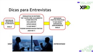 Dicas para Entrevistas
REFORÇAR
OBJETIVOS
E CONTEXTO
SIGILO
PERGUNTAS DO ROTEIRO
“SÓ” OUVIR, SEM JULGAMENTO
E SEM DISCUTIR
ESCLARECER
APROFUNDAR
“O QUE MAIS?”
PODEM SURGIR NOVOS PONTOS:
ANOTAR !!!
REPASSAR
PONTOS PRINCIPAIS
“O QUE MAIS?”
AGRADECER
GENUINAMENTE
SIGILO
VOCÊ ENTREVISTADO
 