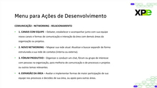 COMUNICAÇÃO - NETWORKING - RELACIONAMENTO
• 1. CANAIS COM EQUIPE – Debater, estabelecer e acompanhar junto com sua equipe
novos canais e formas de comunicação e interação da área com demais áreas da
organização ou projetos.
• 2. NOVO NETWORKING – Mapear sua rede atual. Atualizar e buscar expandir de forma
estruturada a sua rede de contatos (interna ou externa).
• 3. FÓRUM PRODUTIVO – Organizar e conduzir um chat, fórum ou grupo de interesse
com pessoas na organização, para melhoria de comunicação e de processos e projetos
ou outros temas relevantes.
• 4. EXPANSÃO DA ÁREA – Avaliar e implementar formas de maior participação de sua
equipe nos processos e decisões de sua área, ou apoio para outras áreas.
Menu para Ações de Desenvolvimento
 