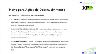 COMUNICAÇÃO - NETWORKING - RELACIONAMENTO
• 5. CONFLITOS – Ser mais “questionador positivo” em situações de conflito, praticando a
serenidade e mediação – seus conflitos ou de outros – praticar a empatia – enxergar o
que “está por detrás” dos conflitos.
• 6. DIFICULDADES DE RELACIONAMENTO – Avaliar quais áreas e pessoas com as quais
tem mais dificuldade de relacionamento e traçar um plano para melhorar este
relacionamento – eventualmente pedir ajuda (chefia, pares, RH) para apoiar e
intermediar este processo.
• 7. TREINAR PERGUNTAS – Treinar a formulação de perguntas mobilizadoras (abertas) ao
invés de “discutir” problemas em todas as reuniões, conversas e comunicação escrita –
sair do paradigma de “dar a resposta” ou “dar a solução”, ouvir mais para perguntar
bem.
Menu para Ações de Desenvolvimento
 