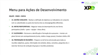 EQUIPE - PARES - CHEFIA
• 15. GESTÃO CONJUNTA – Realizar a definição de objetivos ou indicadores em conjunto
com os subordinados ou pares da mesma área ou áreas/geografias diferentes.
• 16. METAS PARTICIPATIVAS – Negociar metas de desempenho de uma forma
participativa (chefia – pares – equipe – áreas afins).
• 17. SUCESSORES – Estruturar a identificação e formação de sucessores – montar um
plano formal com acompanhamento (curto, médio e longo prazos). Envolver chefia e RH
• 18. PREPARAÇÃO DE REUNIÕES – Preparar-se de forma estruturada para todas as
reuniões (objetivos, pauta, informações de contexto, ideias, conceitos, perguntas etc.) –
exercitar técnicas de condução de grupos e reuniões produtivas.
Menu para Ações de Desenvolvimento
 
