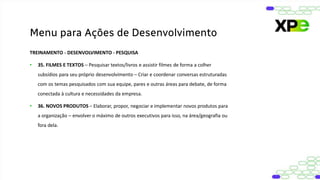 TREINAMENTO - DESENVOLVIMENTO - PESQUISA
• 35. FILMES E TEXTOS – Pesquisar textos/livros e assistir filmes de forma a colher
subsídios para seu próprio desenvolvimento – Criar e coordenar conversas estruturadas
com os temas pesquisados com sua equipe, pares e outras áreas para debate, de forma
conectada à cultura e necessidades da empresa.
• 36. NOVOS PRODUTOS – Elaborar, propor, negociar e implementar novos produtos para
a organização – envolver o máximo de outros executivos para isso, na área/geografia ou
fora dela.
Menu para Ações de Desenvolvimento
 