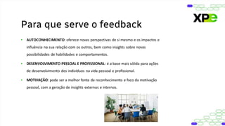 • AUTOCONHECIMENTO: oferece novas perspectivas de si mesmo e os impactos e
influência na sua relação com os outros, bem como insights sobre novas
possibilidades de habilidades e comportamentos.
• DESENVOLVIMENTO PESSOAL E PROFISSIONAL: é a base mais sólida para ações
de desenvolvimento dos indivíduos na vida pessoal e profissional.
• MOTIVAÇÃO: pode ser a melhor fonte de reconhecimento e foco da motivação
pessoal, com a geração de insights externos e internos.
Para que serve o feedback
 